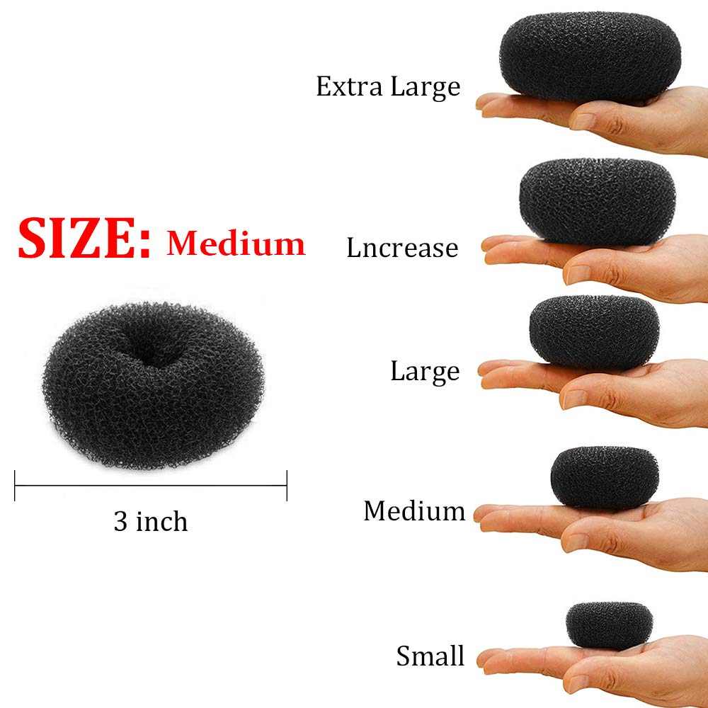 Hair Donut Bun Maker, Ring Style Bun, 2PCS Chignon Hair Medium Doughnut Shaper for Short and Thin Hair (Medium, 3 Inch/Black)