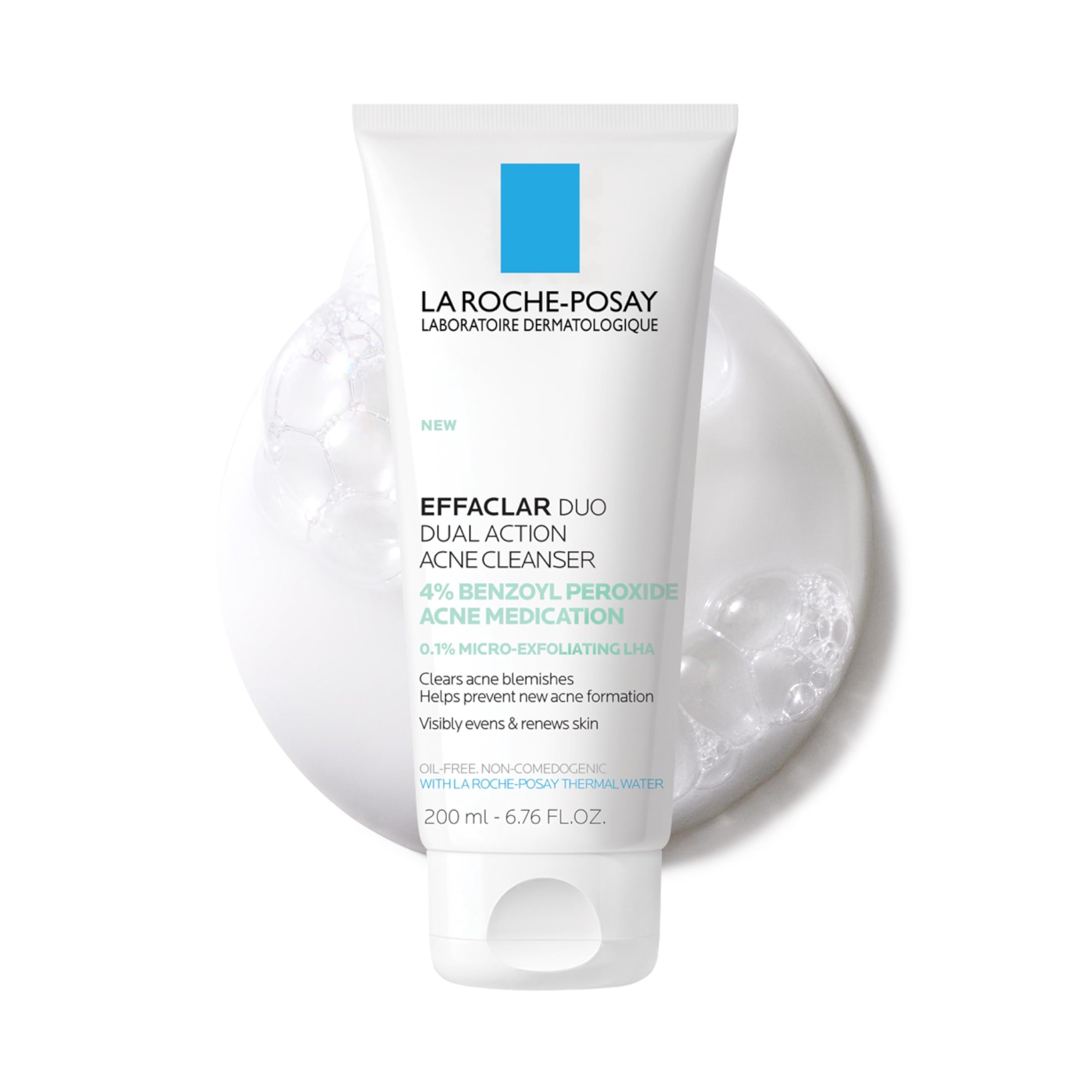 La Roche-Posay Effaclar Dual Acne Face Wash With 4% Benzoyl Peroxide & LHA Exfoliant, Acne Treatment Help Clear & Prevent Blemishes, Paraben Free & Oil Free Wash, 6.76 Fl Oz