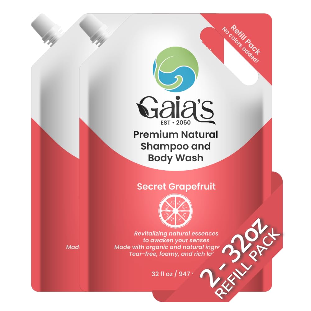 GAIA'S Natural Body Wash and Shampoo Grapefruit, Bulk Refill Size, 64 Fl Oz, Sulfate Free, Paraben Free, Dye Free, Tear Free, Organic and Natural Ingredients, PH Balance Feminine