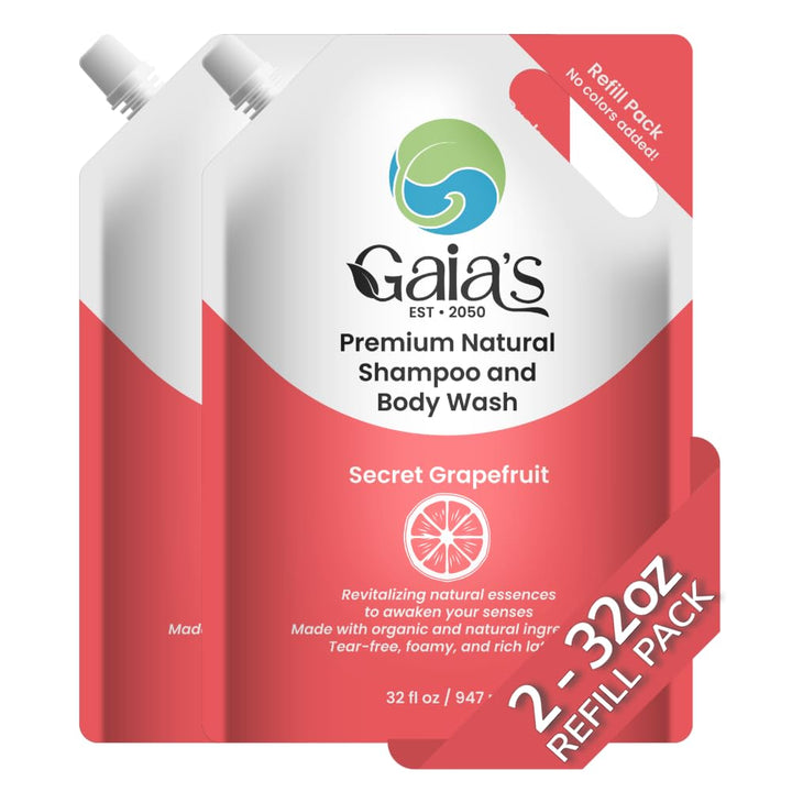 GAIA'S Natural Body Wash and Shampoo Grapefruit, Bulk Refill Size, 64 Fl Oz, Sulfate Free, Paraben Free, Dye Free, Tear Free, Organic and Natural Ingredients, PH Balance Feminine