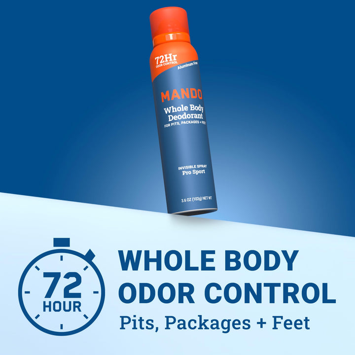 Mando Whole Body Deodorant For Men - Invisible Spray Deodorant - 72 Hour Odor Control - Low Irritation Formula - Aluminum Free, Benzene Free - 3.6 ounce Cans (Pack of 2) - Pro Sport