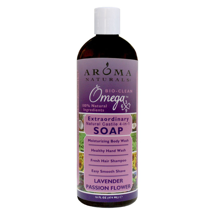 Aroma Naturals Extraordinary Natural 4-in-1 Castile Liquid Soap, Lavender Passion Flower, 16 Ounce
