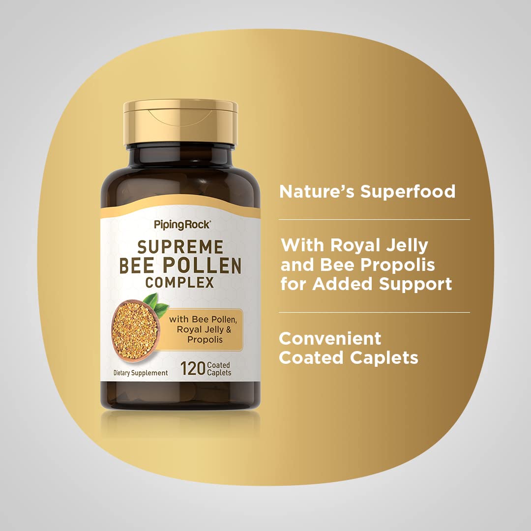 Piping Rock Bee Pollen Complex Capsules | 120 Caplets | Pills with Bee Propolis Plus Royal Jelly | Supplement for Men & Women | Non-GMO, Gluten Free