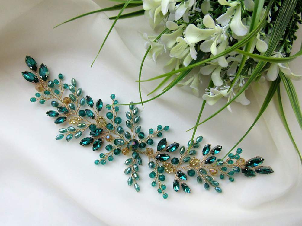 Denifery Emerald Wedding Hair Piece Green Hair Vine Bridal Gold Jewelry Headpiece Wedding Hair Accessories
