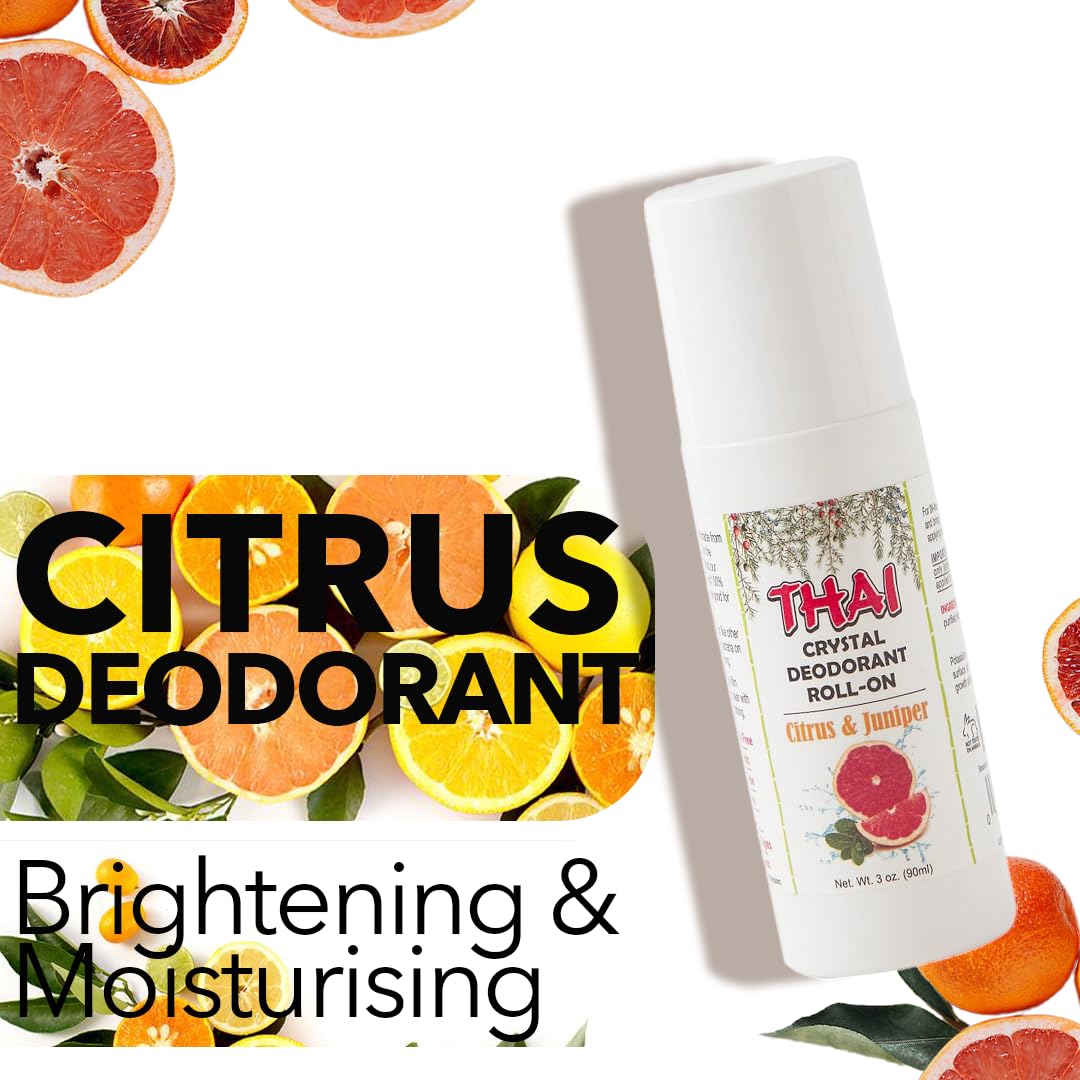 Thai 100% Natural Crystal Scented Deodorant Liquid Roll-on, No Aluminum Metals, Parabens, Propyls, or Sulfates, Cruelty Free and Environmentally Safe, Citrus & Juniper, 3 Fl Ounce