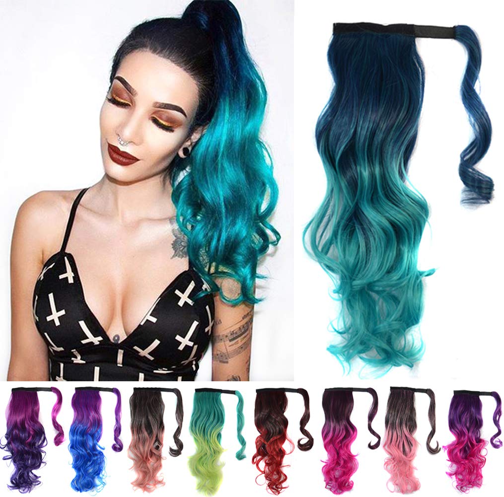 Colorful Ombre 2 Tone Cosplay Ponytail Hair Extension Body Wavy Fake One Piece Clip in Warp Around Pony Tail Dark Green/Green