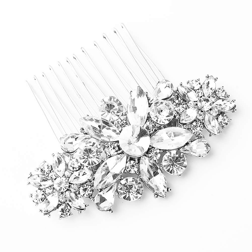 Hapibuy Crystal Wedding Hair Comb Side Bridal Hair Comb Flordal Headpiece Hair Jewelry For Brides And Bridesmaids (Sliver)