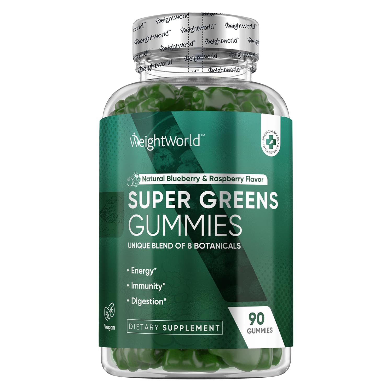 WeightWorld Super Green Gummies - 90 Vegan Gummies (45 Days Supply) - Daily Green Supplements for Energy, Immunity & Digestion - Natural Blueberry & Raspberry Flavor - Non-GMO & Gelatin-Free