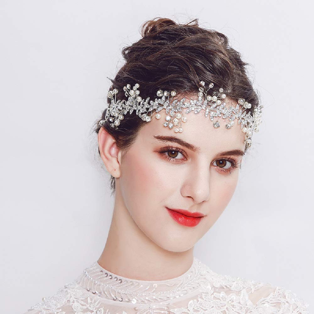 Hapibuy Wedding headpiece Crystal Forehead Band Bridal Hair Vine For Bride and Bridemaid Silver Color