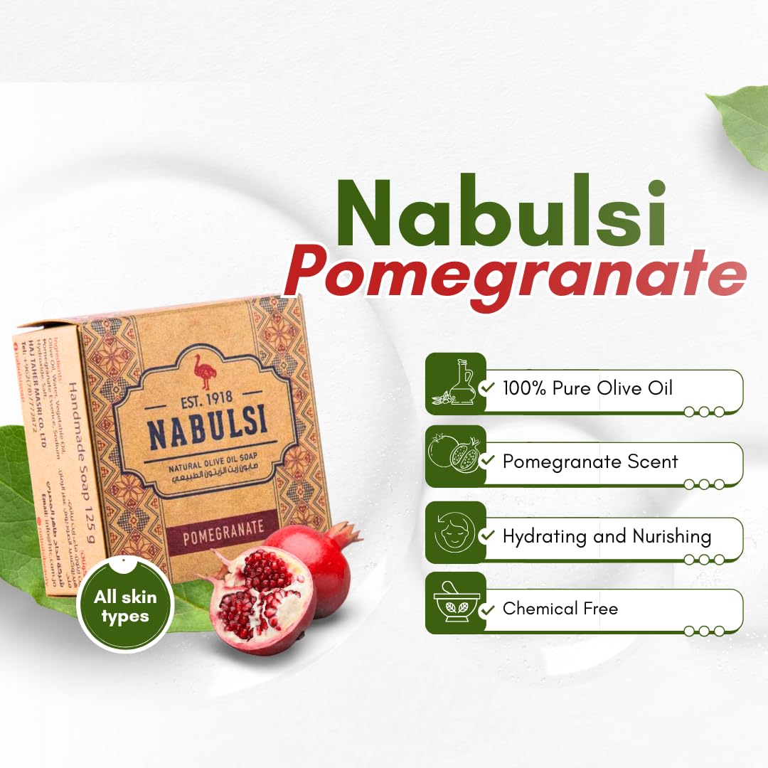 Shammoot Virgin Olive Oil Nabulsi Soap Bar - 1 Pack 4.4 OZ 100% Pure Olive Oil Soap Bar for Face & Body - Traditional Soap with Real Scent - Chemical Free Soap Bar for Men & Women (Pomegranate)
