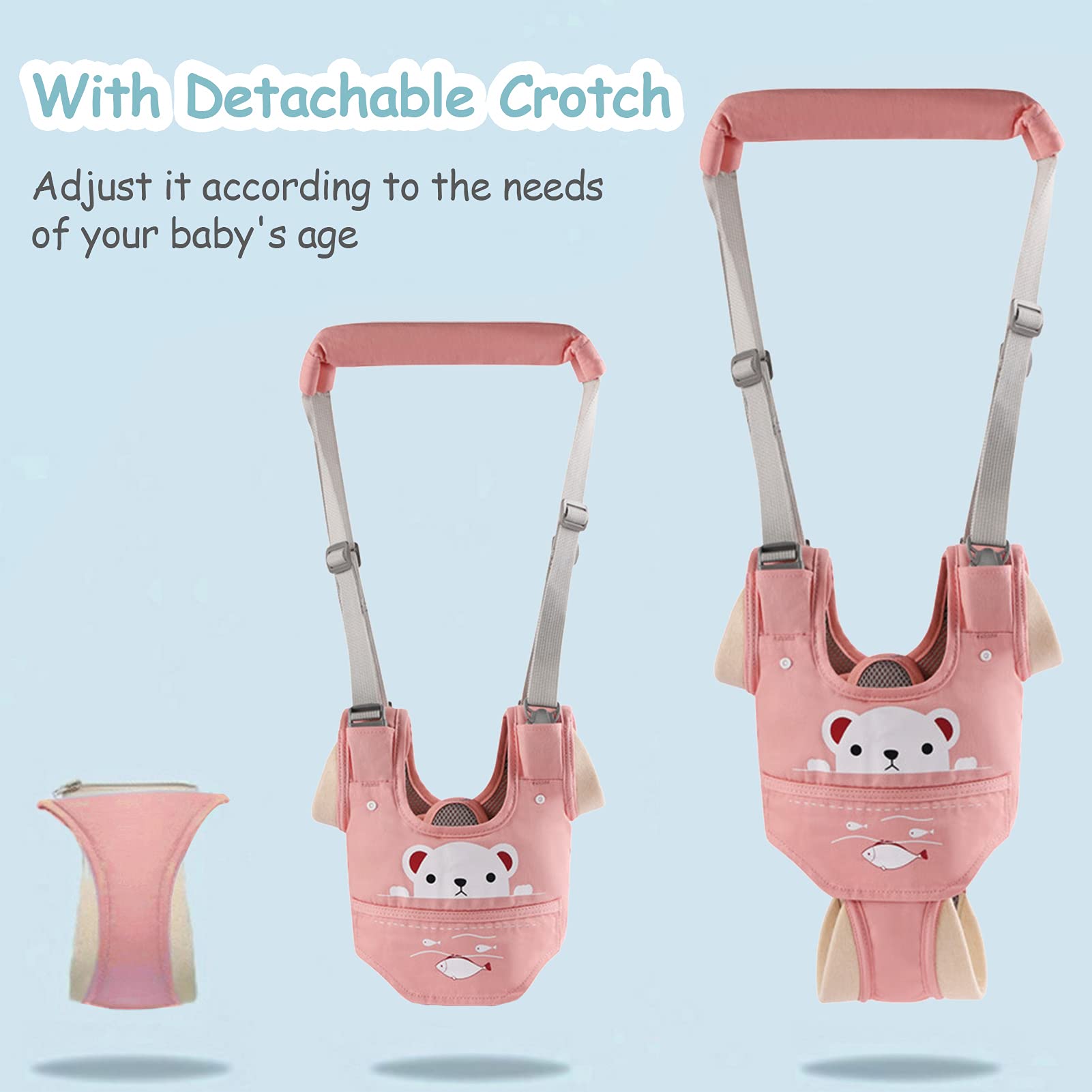 Ocanoiy Baby Walking Harness Handheld Baby Walker Assistant Belt Adjustable Toddler Infant Walker Safety Harnesses Standing Up and Walking Learning Helper with Detachable Crotch for 9-24 Month (Pink)