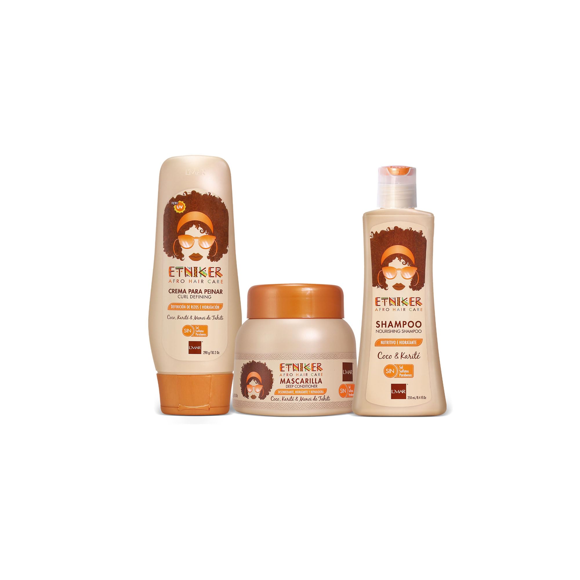 ETNIKER Afro-textured, Curly & Wavy hair Wash Kit: Styling Cream, Nourishing Shampoo, and Deep Conditioning Mask with Coconut, Shea Butter & Monoi Oil. Free S&S Mineral Oil, Parabens ( 3piece Set)