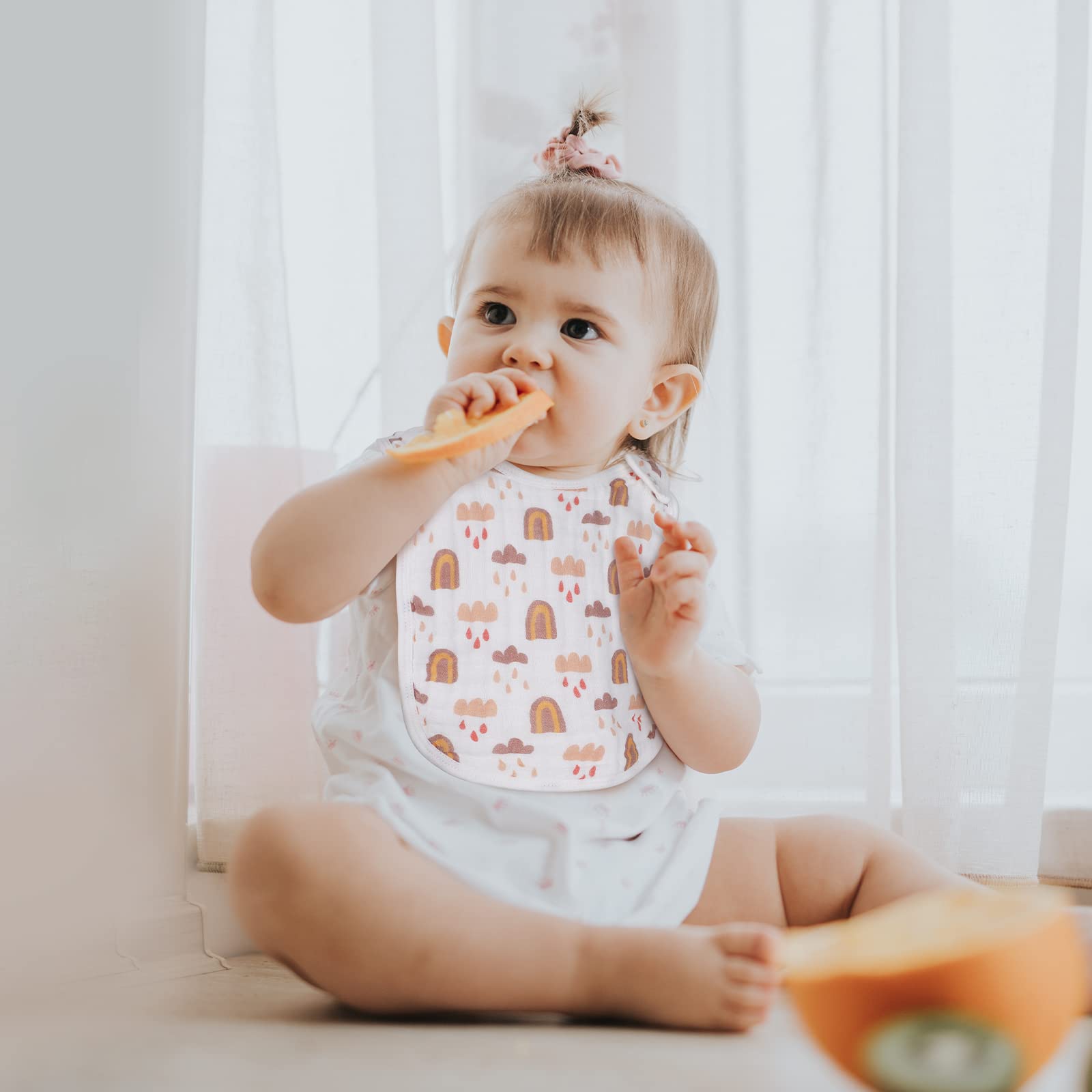 Snap Muslin Bibs for Girls, 3-Pack Baby Bibs for Infants, Newborns and Toddlers, 100% Cotton Muslin Absorbent & Soft Layers, Adjustable Snaps,Rainbow,Cosmos,Clouds