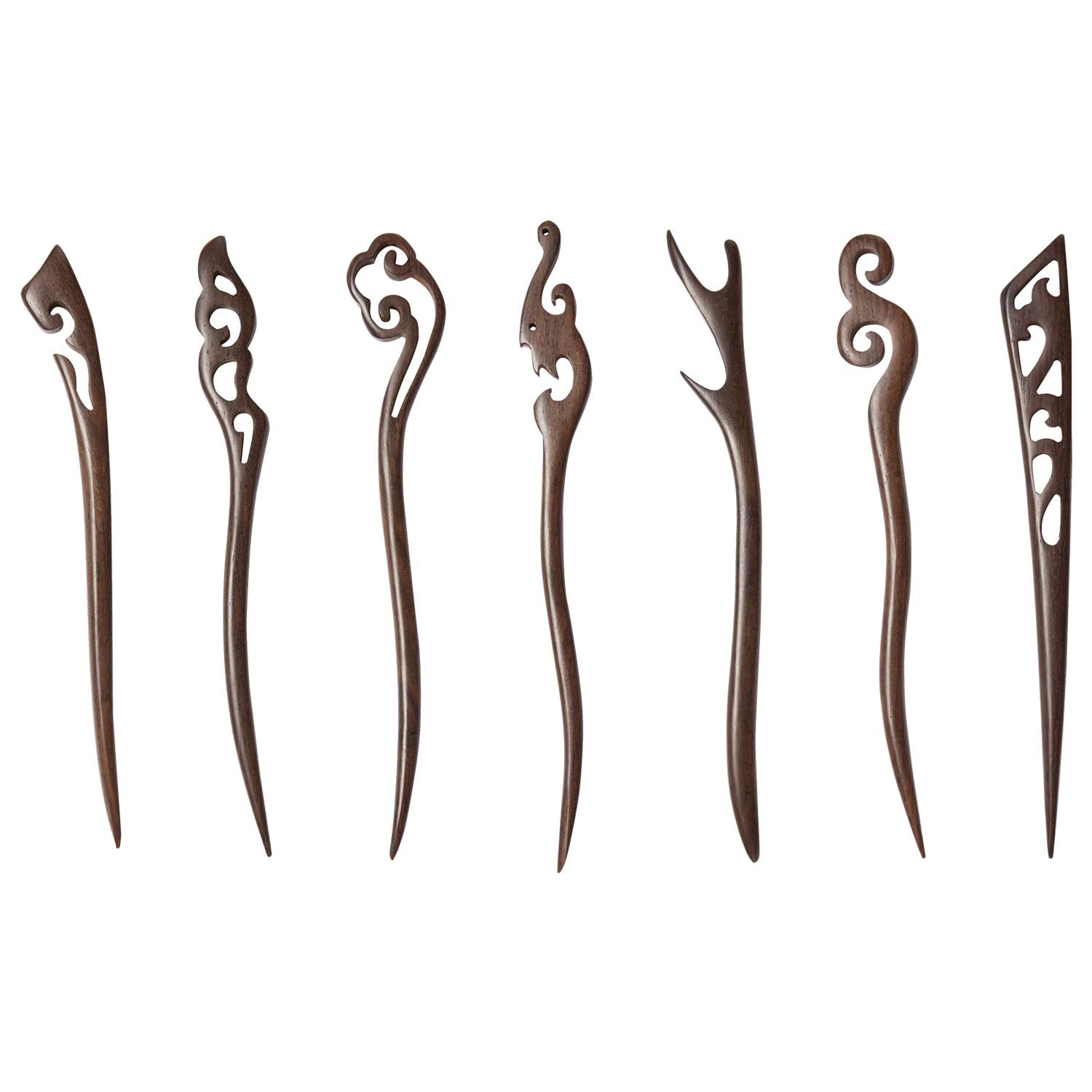 Lawie 7 Pack Handmade Chinese Japanese Black Wood Hair Pins Picks Wooden Carved Long Fork Pen Hairpins Sticks Clips Barrettes for Hair Bun