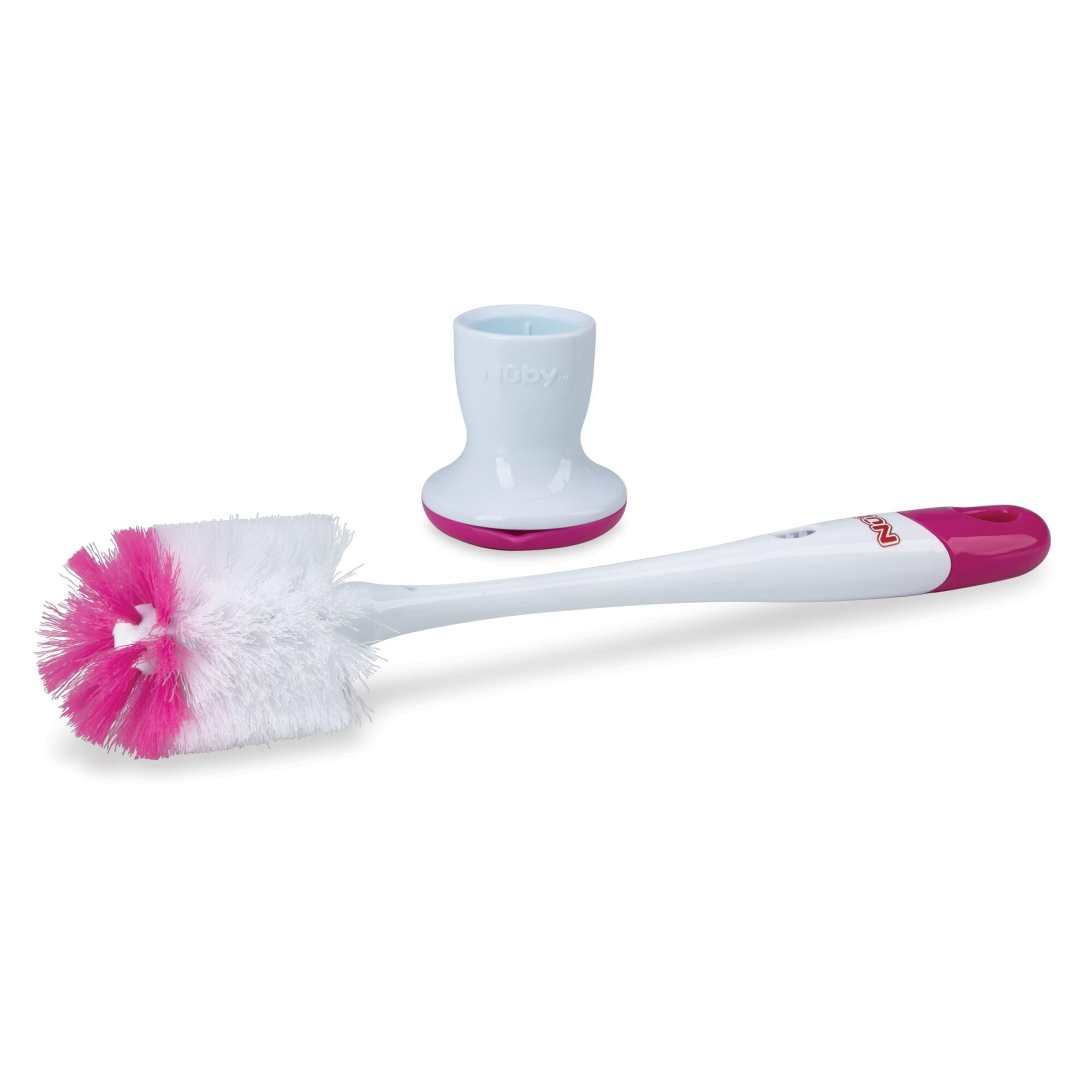 Nuby 2 in 1 Bottle and Nipple Brush with Stand, 1 Pack, Colors May Vary
