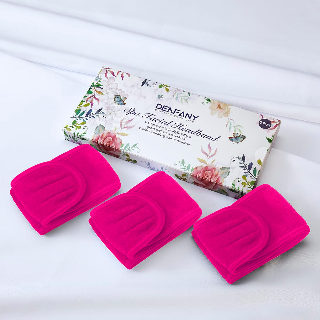 3 Pack Makeup Headband, Denfany Ultra Soft Adjustable Spa Facial Headbands Terry Cloth Stretch Make Up Wrap for Face Washing, Bathing, Showers (Rose Red)