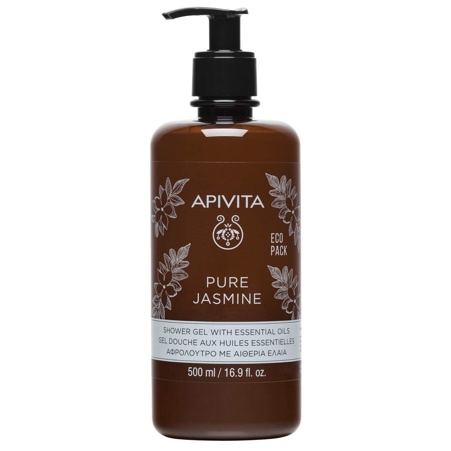 Apivita Pure Jasmine Shower Gel 500ml - Luxurious Shower Gel Body Wash Infused with Jasmine Essential Oil and Propolis - Shower Body Wash that Gently Cleanses & Preserves Skin's Moisture