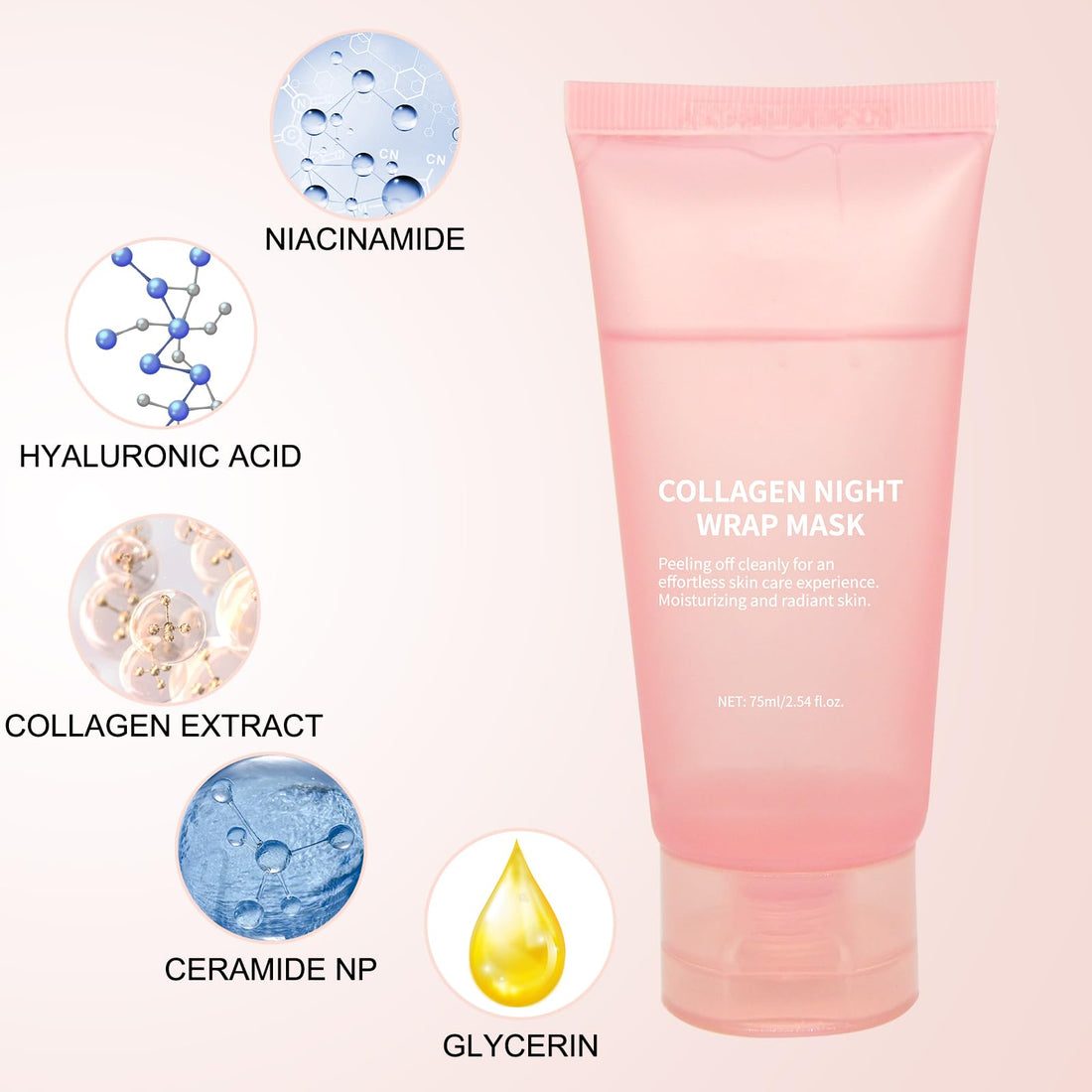 2025 Collagen Overnight Wrapping Peel Off Facial Mask with Jelly Brush, Elasticity & Hydration, Natural Ingredients for Firmer Skin, Reduces Sagging & Dullness, Korean Skin Care(75ml, 2.54 fl.oz)