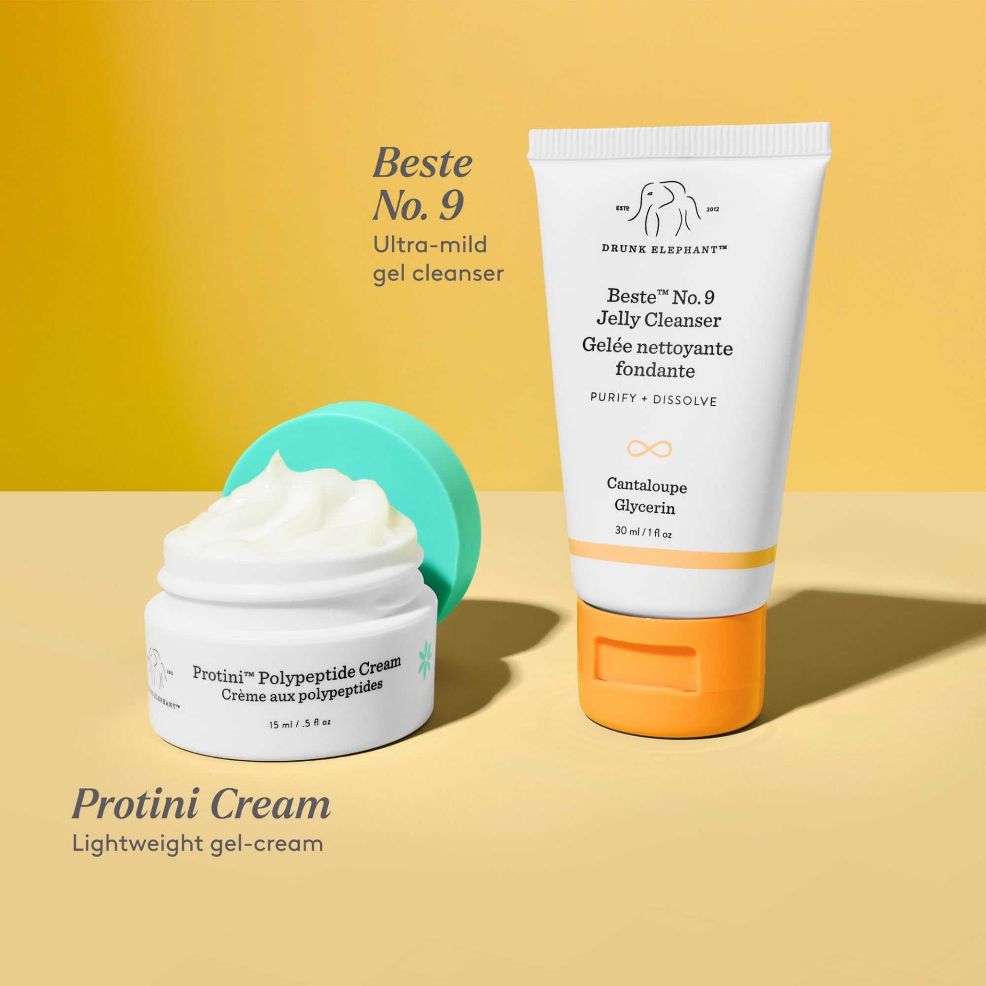 Drunk Elephant Tour de Force Travel Kit - Beste No.9 Jelly Cleanser (30ml/1 fl oz), Protini Polypeptide Cream (15 ml/0.5 fl oz) - Clean Clinical Skincare - Holiday Gift Set