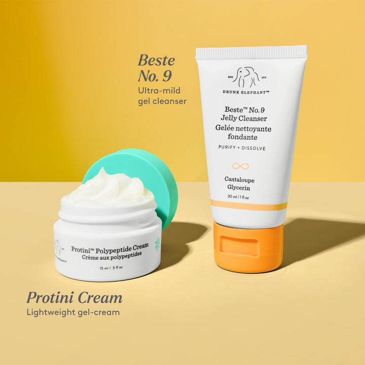 Drunk Elephant Tour de Force Travel Kit - Beste No.9 Jelly Cleanser (30ml/1 fl oz), Protini Polypeptide Cream (15 ml/0.5 fl oz) - Clean Clinical Skincare - Holiday Gift Set