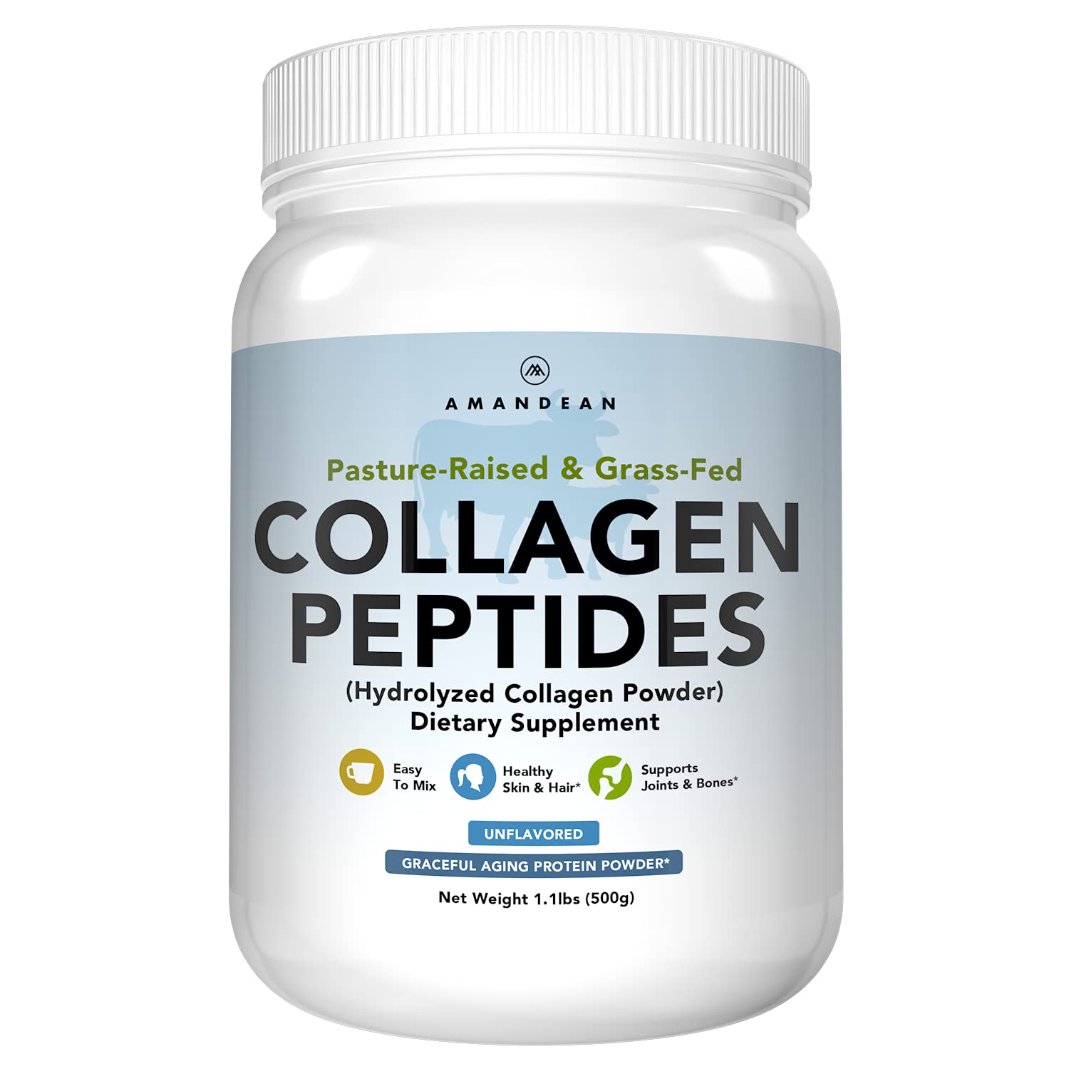 AMANDEAN Collagen Peptides Powder (17.6oz). Grass-Fed Hydrolyzed Protein Supplement. Promotes Healthy Joints, Skin, Hair, Nails. Unflavored & Easy to Mix.