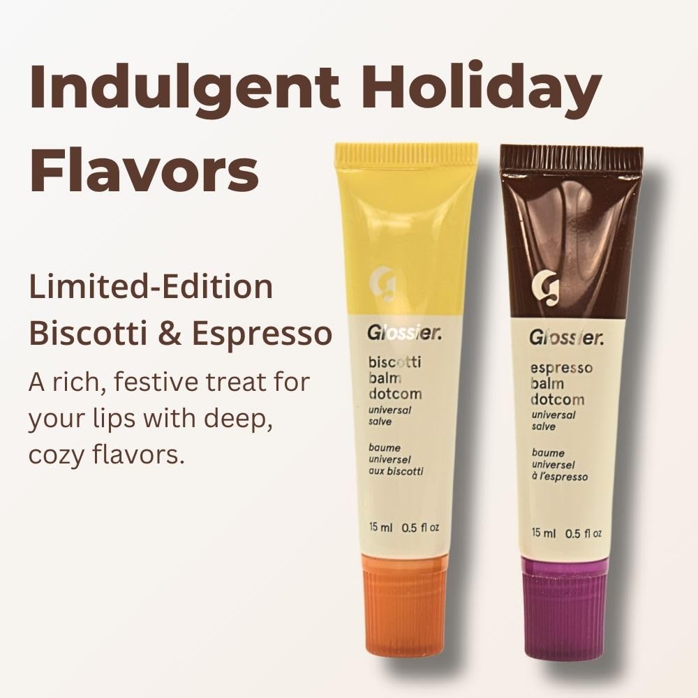 Glossier Limited Edition Balm Dotcom Duo - Holiday Lip Balm Set with Biscotti & Espresso Flavors, Moisturizing, Nourishing, Sheer Tints, 15mL Each.