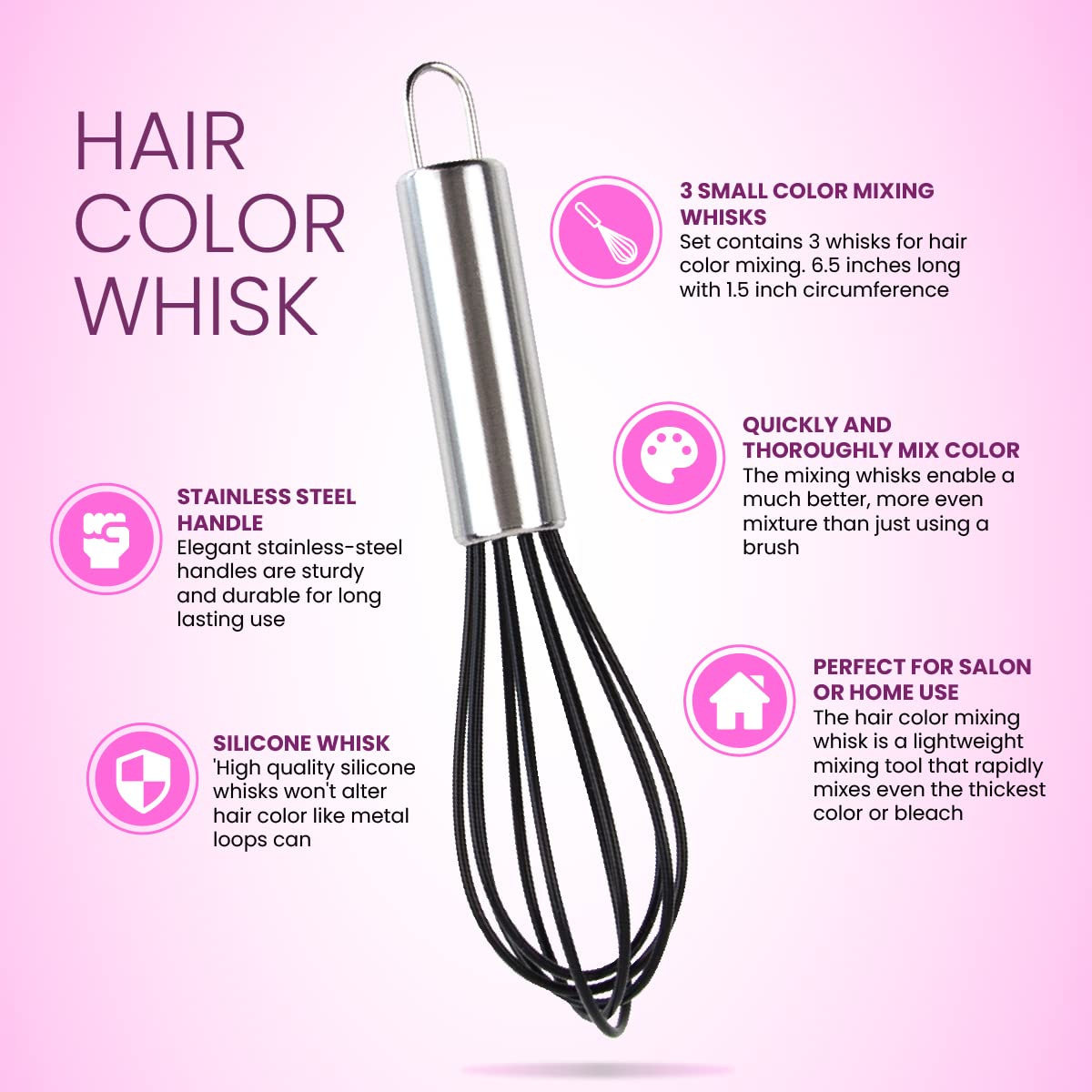 Hair Color Whisk - Set of 3 - Hair Color Mixer - Silicone with Stainless Steel Handle - Salon Hair Wisk - Color Whisk - Hair Whisk Color Mixer - Hair Dye Whisk - Color Wisk