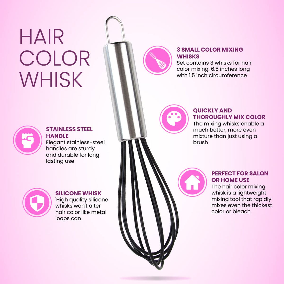 Hair Color Whisk - Set of 3 - Hair Color Mixer - Silicone with Stainless Steel Handle - Salon Hair Wisk - Color Whisk - Hair Whisk Color Mixer - Hair Dye Whisk - Color Wisk