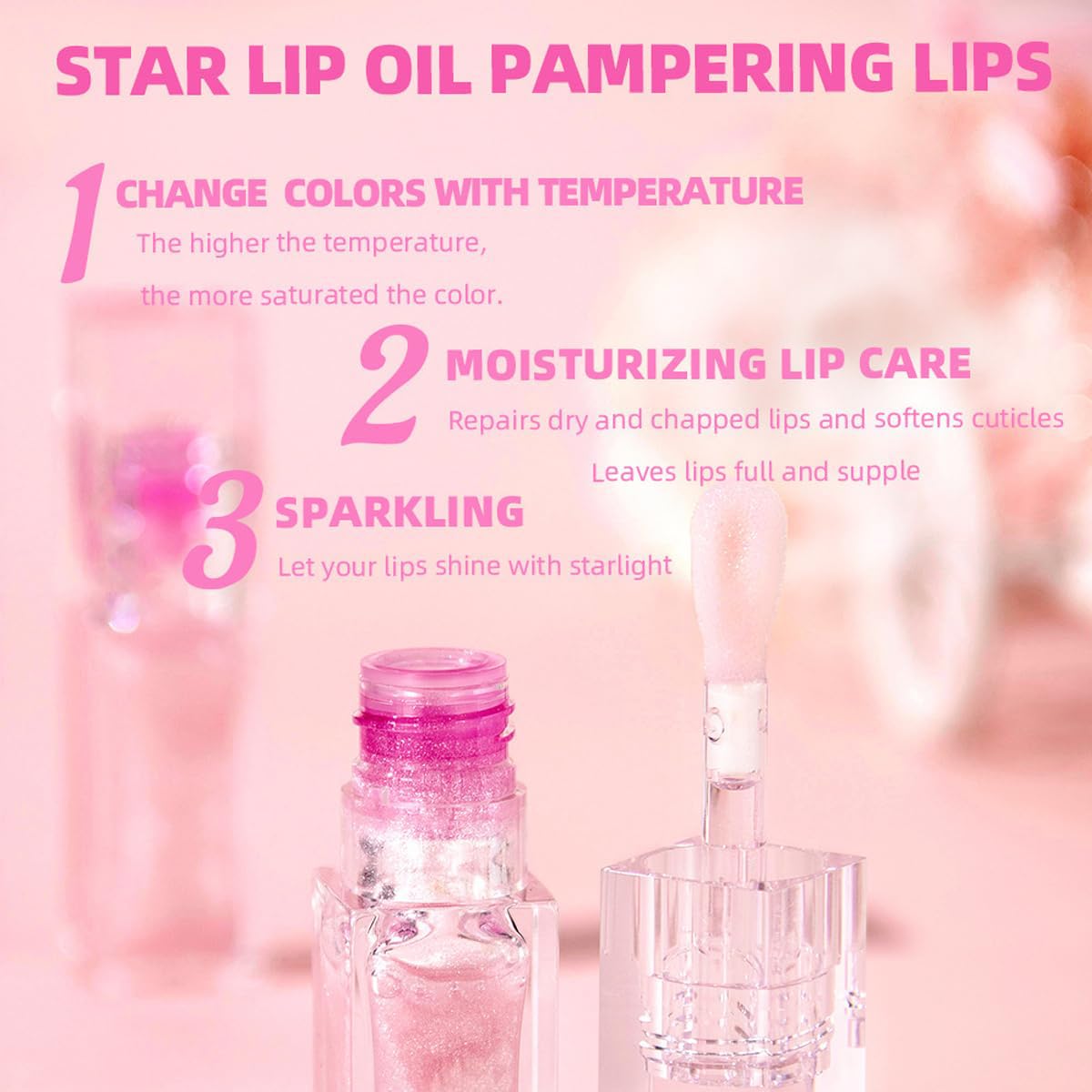 Tiejdhr Magic Color Changing Lip Oil Ph, Glitter Lip Gloss, Upgraded Big Brush Head Moisturizing Lip Oil Long Lasting Nourishing Lip Glow Oil Non-Sticky Primer Lip Tint (Pink)