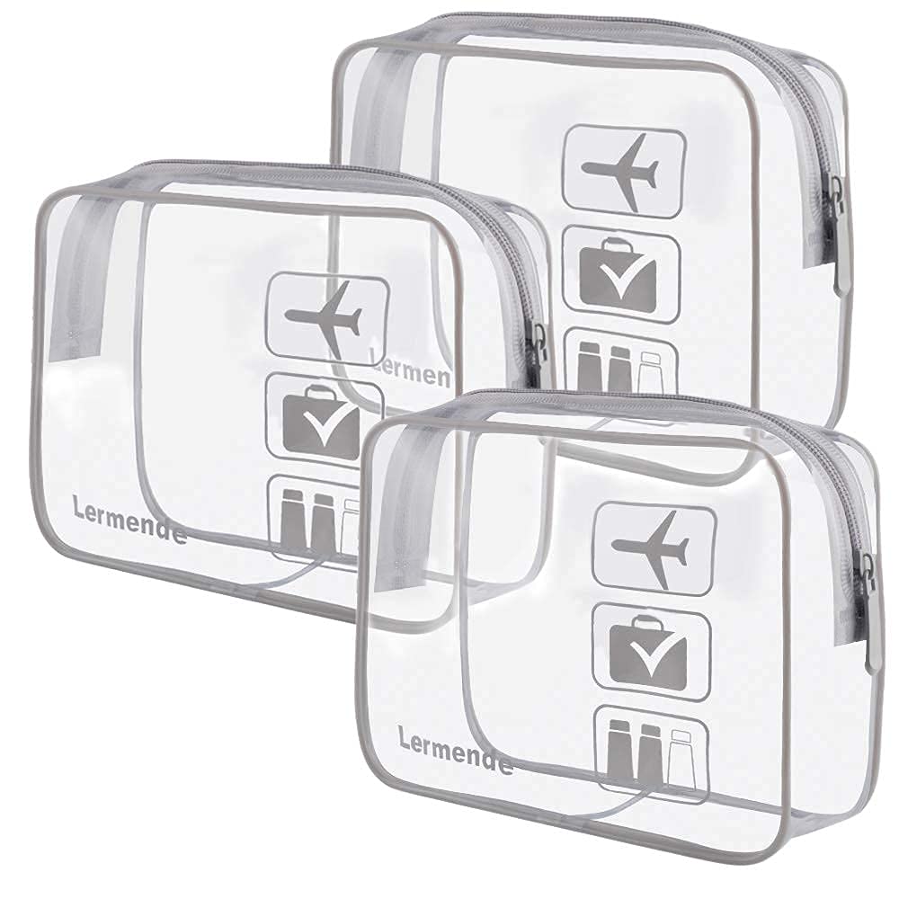 Lermende Clear Makeup Bag, TSA Approved Makeup Bag Organizer & Cosmetic Bag for Women With Zipper, Quart Size Carry On Clear Toiletry Bag Airport Compliant Toiletries For Travel (Grey)