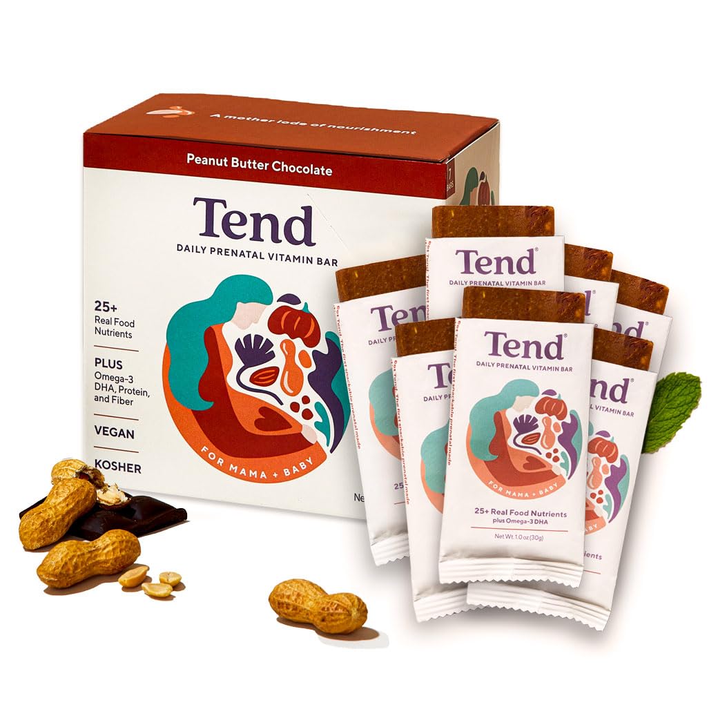 Tend Daily Best Prenatal Vitamin Bar, Made with Organic Ingredients for Pregnant & Postpartum Mothers, Includes DHA, Vitamin D, Folate, Sunflower Lecithin, Peanut Butter Chocolate Flavor (7 ct)