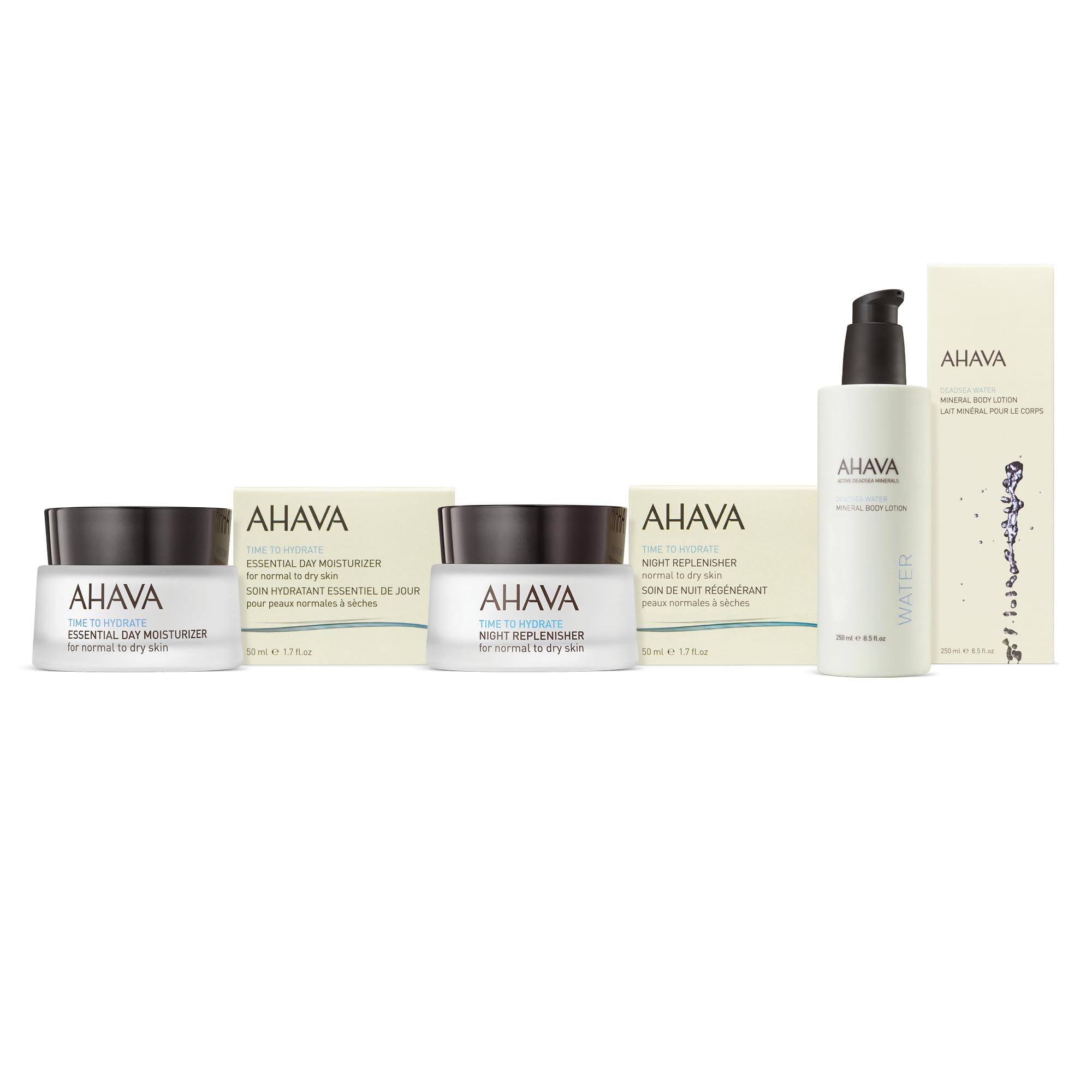 AHAVA Daily Essentials Trio Set - Includes Essential Day Moisturizer 1.7 Fl.Oz, Night Replenisher 1.7 Fl.Oz & Body Lotion Original 8.5 Fl.Oz, enriched with Dead Sea Osmoter & Magnesium