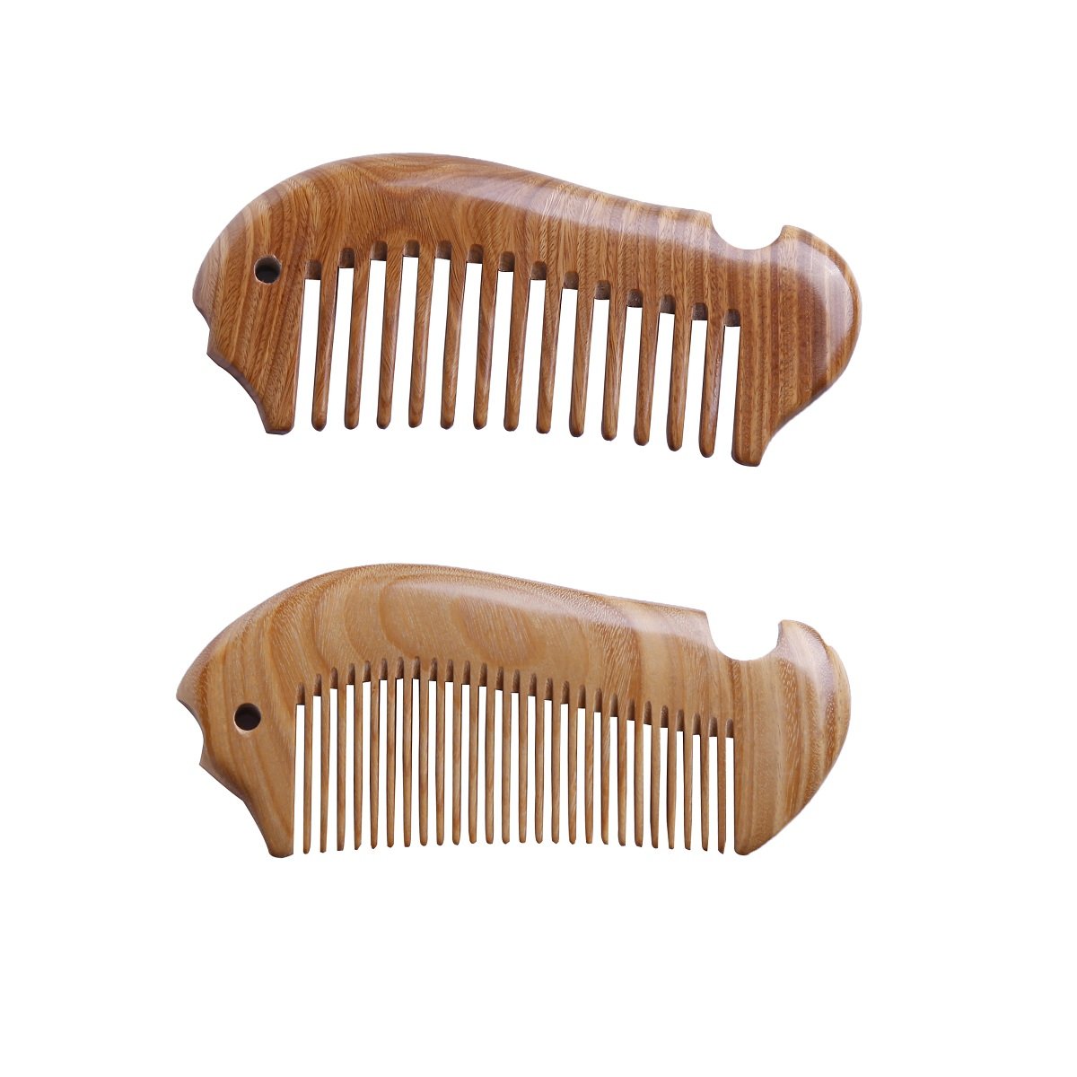 Pack of 2 100% Handmade Natural Green Sandalwood Hair Combs-Exquisite Fish Shapes Hand-sized Anti-Static Hair Detangler Wooden Pocket Comb-Wide Tooth & Fine Tooth Hair Combs(Wide Tooth & Fine Tooth)
