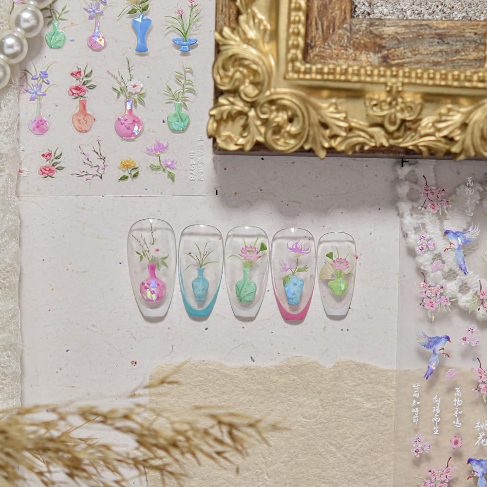 2Sheets Decorative Nail Art Stickers, Blue Birds and Pink Flowers Design, Holographic Vase Pattern (Vases Flowers)