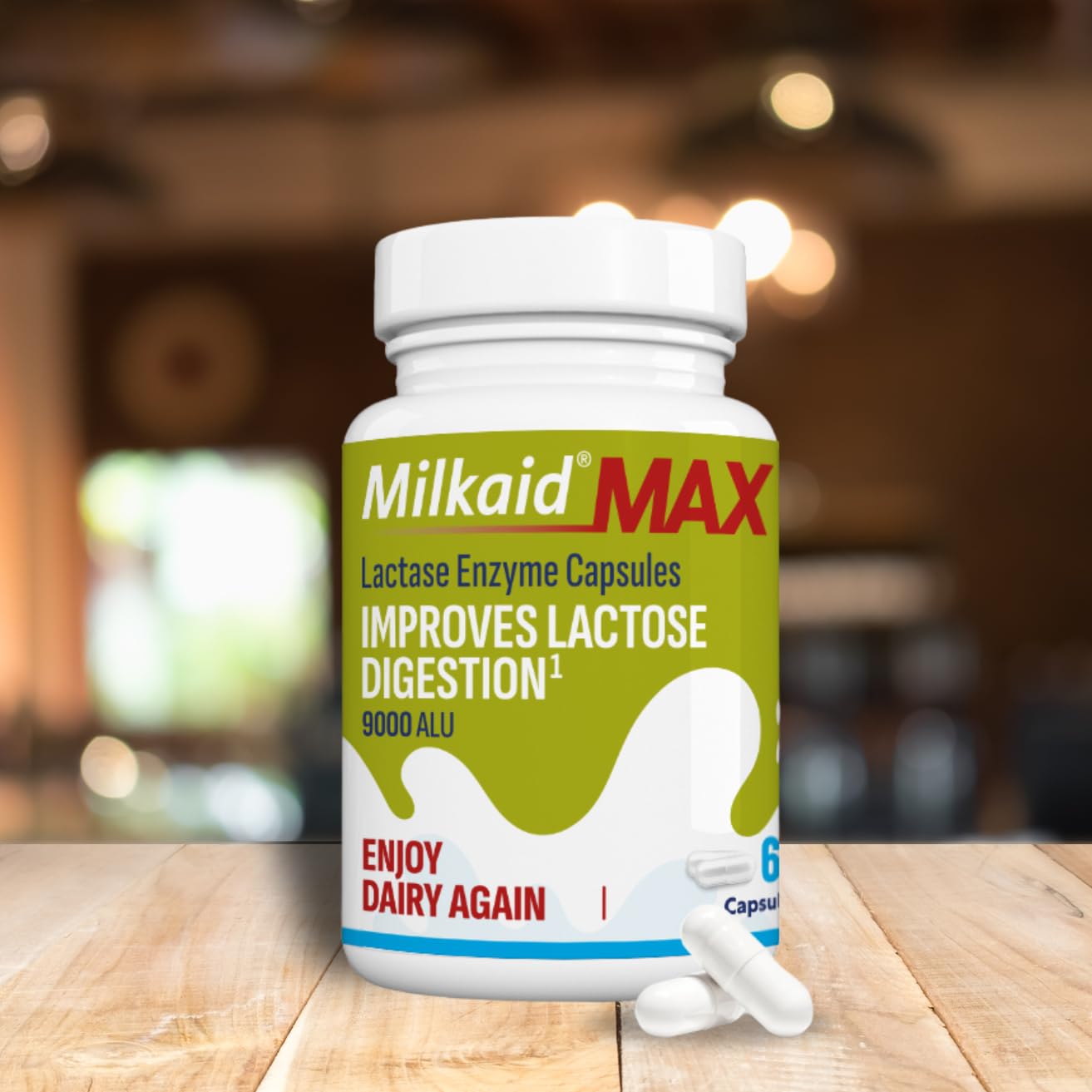 Milkaid Max Capsules for Lactose Intolerance Relief with Lactase Enzyme, Dietary Supplement to Help Prevent Gas, Bloating & Diarrhea Due to Lactose Sensitivity | 9000 ALU (60 Capsules, Unflavored)