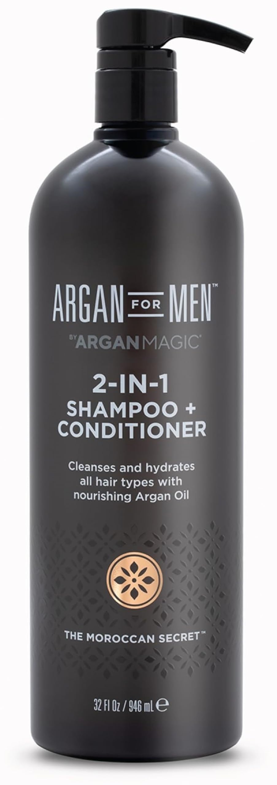 Argan Magic 2-in-1 Men's Shampoo + Conditioner with Argan Oil & Bergamot Scent - Cleanses and Hydrates All Hair Types, Restore Moisture, Boost Shine | Made in USA, Paraben Free, Cruelty Free (32 oz)