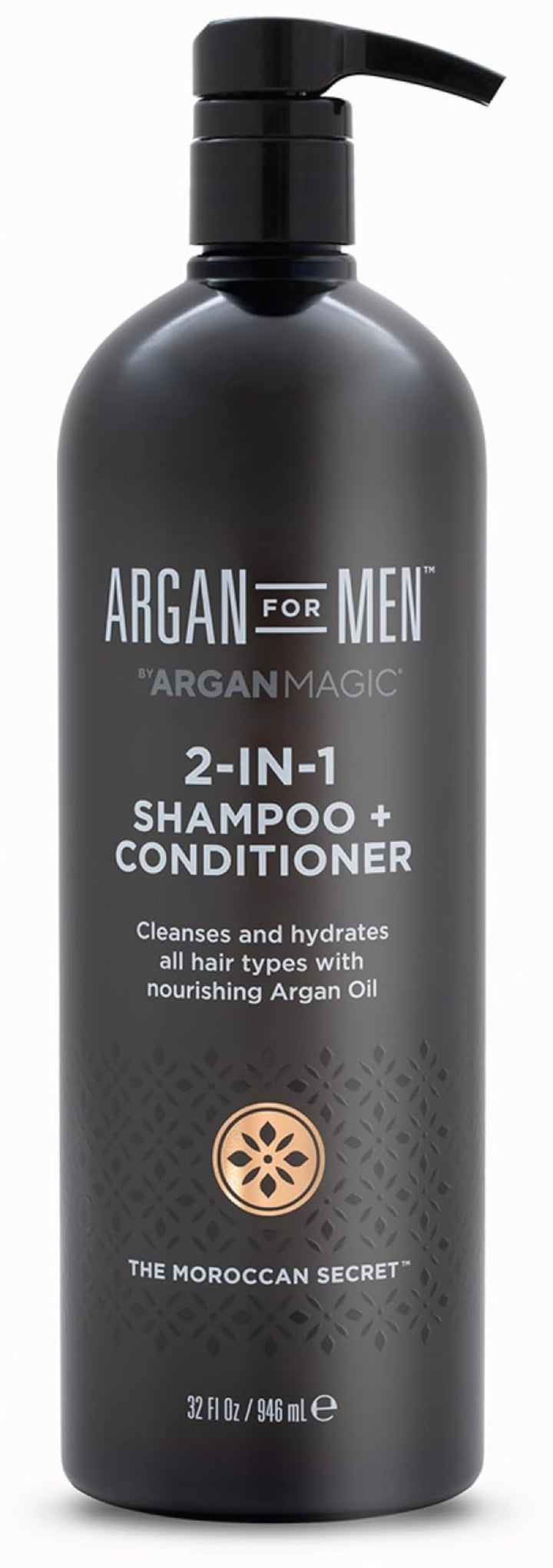 Argan Magic 2-in-1 Men's Shampoo + Conditioner with Argan Oil & Bergamot Scent - Cleanses and Hydrates All Hair Types, Restore Moisture, Boost Shine | Made in USA, Paraben Free, Cruelty Free (32 oz)
