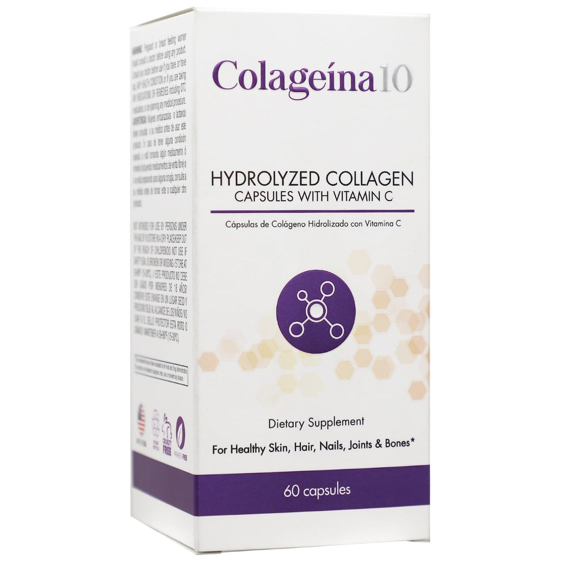 Colageina 10 Hydrolyzed Collagen Capsules with Vitamin C - Anti-Aging Dietary Supplement for Healthy Skin, Hair, Nails, Joints, and Bones - 60 Count