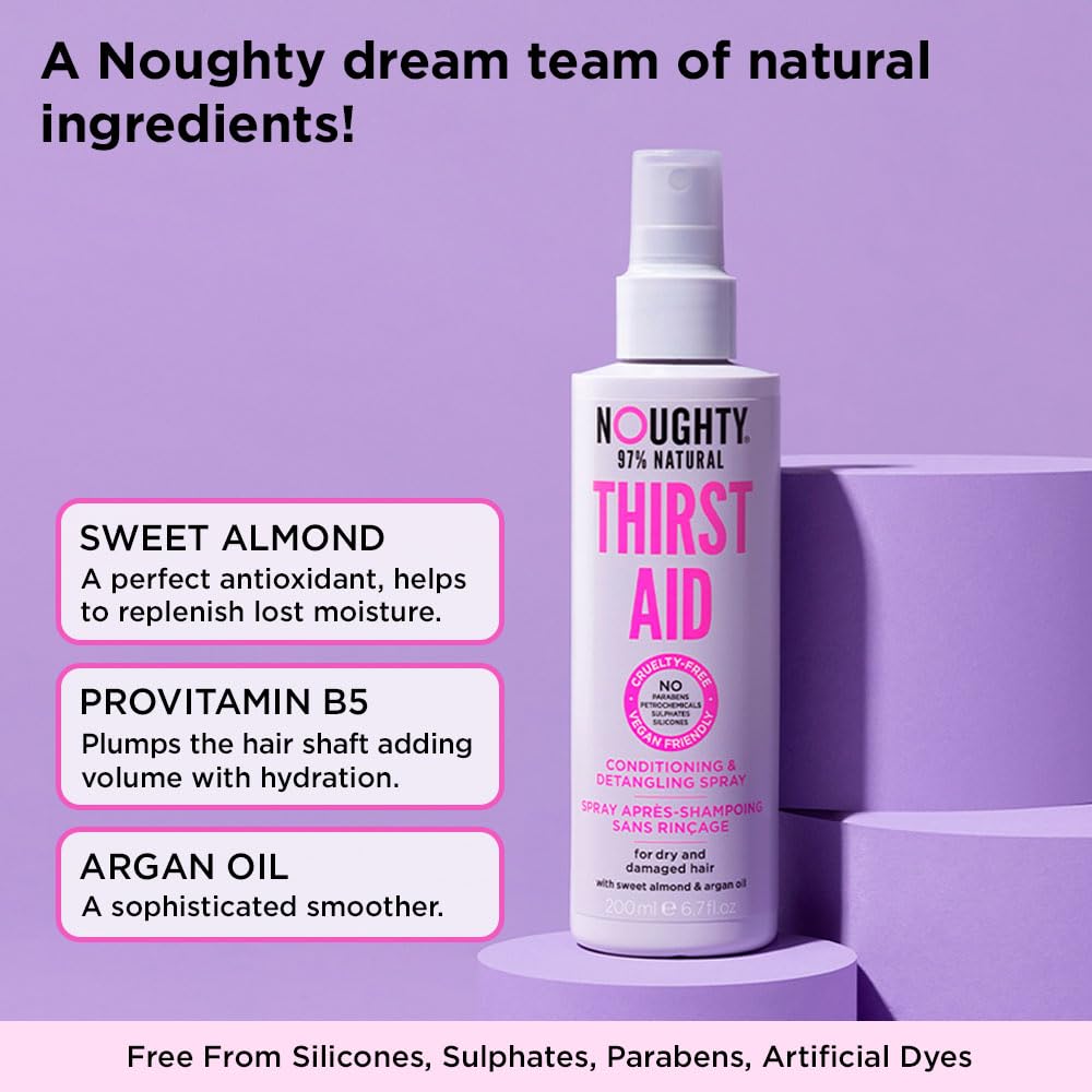 Noughty Thirst Aid Conditioning and Detangling Spray for Dry, Frizzy and Damaged Hair, Vegan-Friendly 97% Natural Sulphate Free Hair Detangler with Argan Oil, 200 ml / 6.7 fl oz