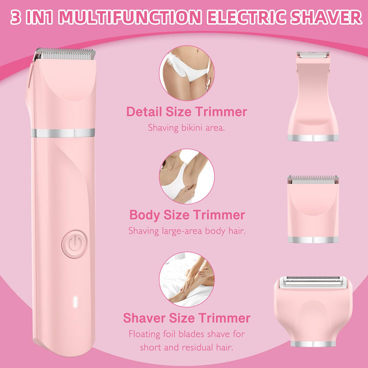 WUFAYHD Electric Razors Shaver for Women, 3 in 1 Bikini Trimmer for Women, IPX7 Waterproof Pubic Hair Trimmer Women Wet & Dry Use, Rechargeable Hair Removal Kit for Face Body Leg Bikini Underarm Arm