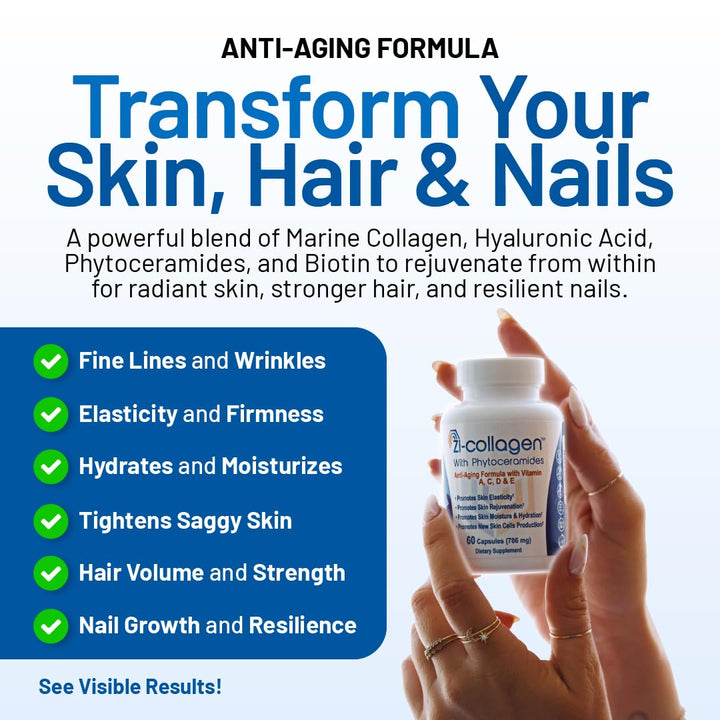 Zivere Zi-Collagen - Premium Collagen Capsules with Phytoceramides Hyaluronic Acid and Biotin - Skin Hair and Nails Advanced Anti Aging Supplement - Multivitamin for Women & Men - 60 Pills