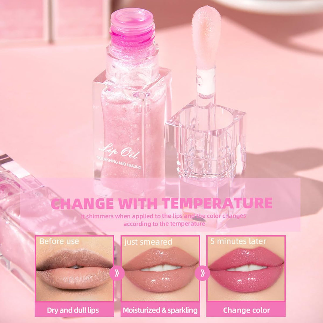 Tiejdhr Magic Color Changing Lip Oil Ph, Glitter Lip Gloss, Upgraded Big Brush Head Moisturizing Lip Oil Long Lasting Nourishing Lip Glow Oil Non-Sticky Primer Lip Tint (Pink)