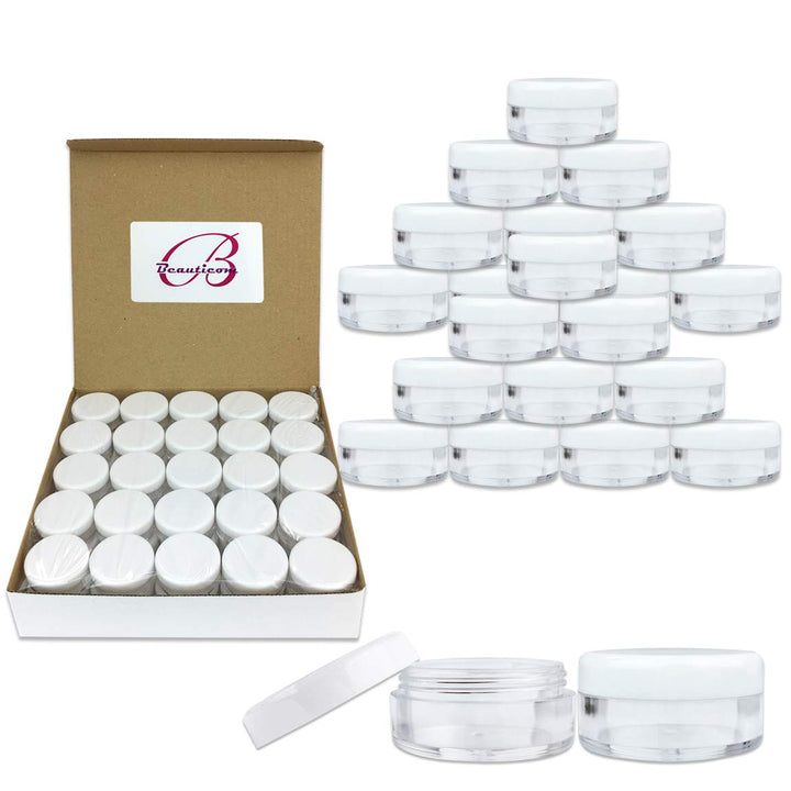 (100 Pcs) Beauticom 5G/5ML High Quality Clear Plastic Cosmetic Container Jars with White Lids