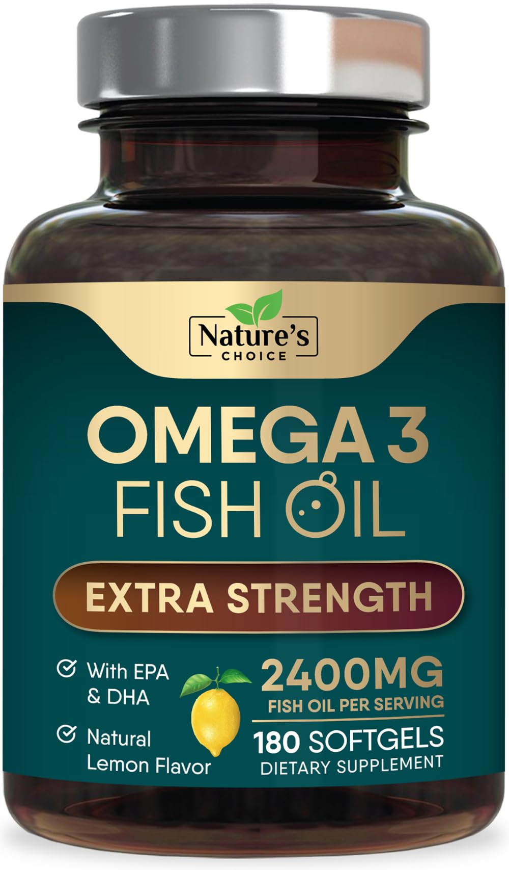 Omega 3 Fish Oil 2400 mg Supplement, Triple Strength Omega-3 Supplement Softgels, Brain & Heart Health Support, EPA & DHA, Nature's Fish Oil Fatty Acids Supplements, Gluten Free, Non-GMO, 180 Softgels