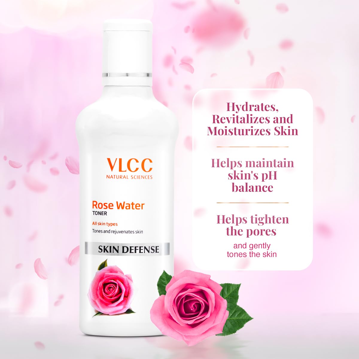 VLCC Rose Water Toner - 100ml - Tones & rejuvenates skin | Helps maintain skin's pH balance | Helps tighten the pores and gently tones the skin | With Rose, Aloe vera, Mint, Date fruit.