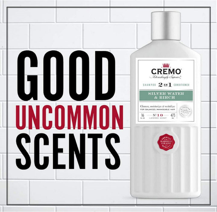 Cremo Barber Grade Silver Water & Birch 2-in-1 Shampoo & Conditioner, 16 Oz (2-Pack)