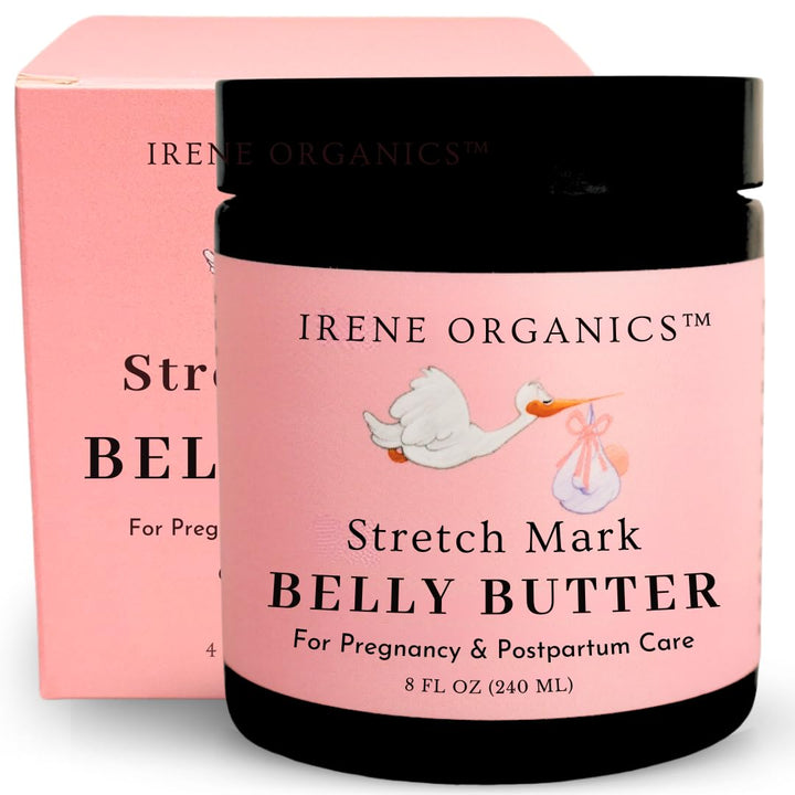Irene Organics Organic Belly Butter for Pregnancy Stretch Mark Prevention and Treatment Award Winning Anti Stretch Mark Tummy Balm For Pregnancy and Postpartum 8oz - Hydrating Bump Cream