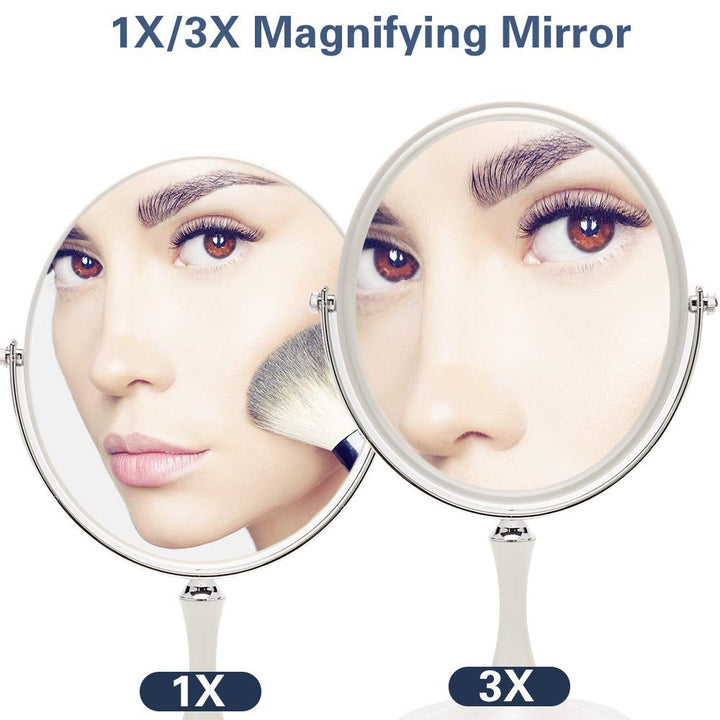 YEAKE Vintage Table Mirror with Stand 8-inch Double Sided Swivel 1X/3X Magnification Desk Mirror with Silver Style 13 Inch Height Standing Tabletop Makeup Vanity Mirror(Oval)