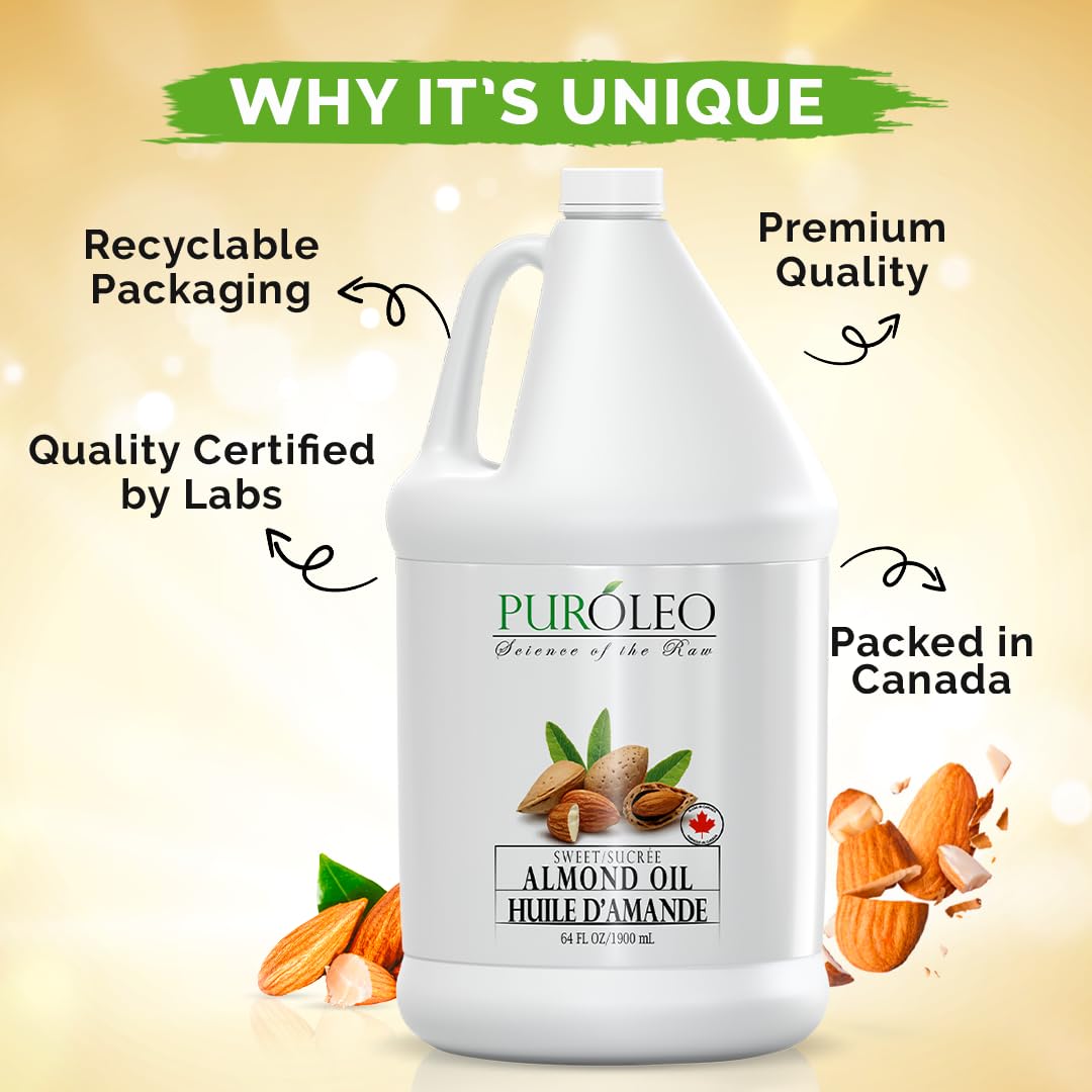 PUROLEO Sweet Almond Oil 64 Fl Oz/1900 ML 100% Natural and Pure | Moisturizer & Carrier Oil | Beauty & DIY Blends, Massage Oil, Body Oil, Hair Oil and Baby Oil | Made from Almonds raw