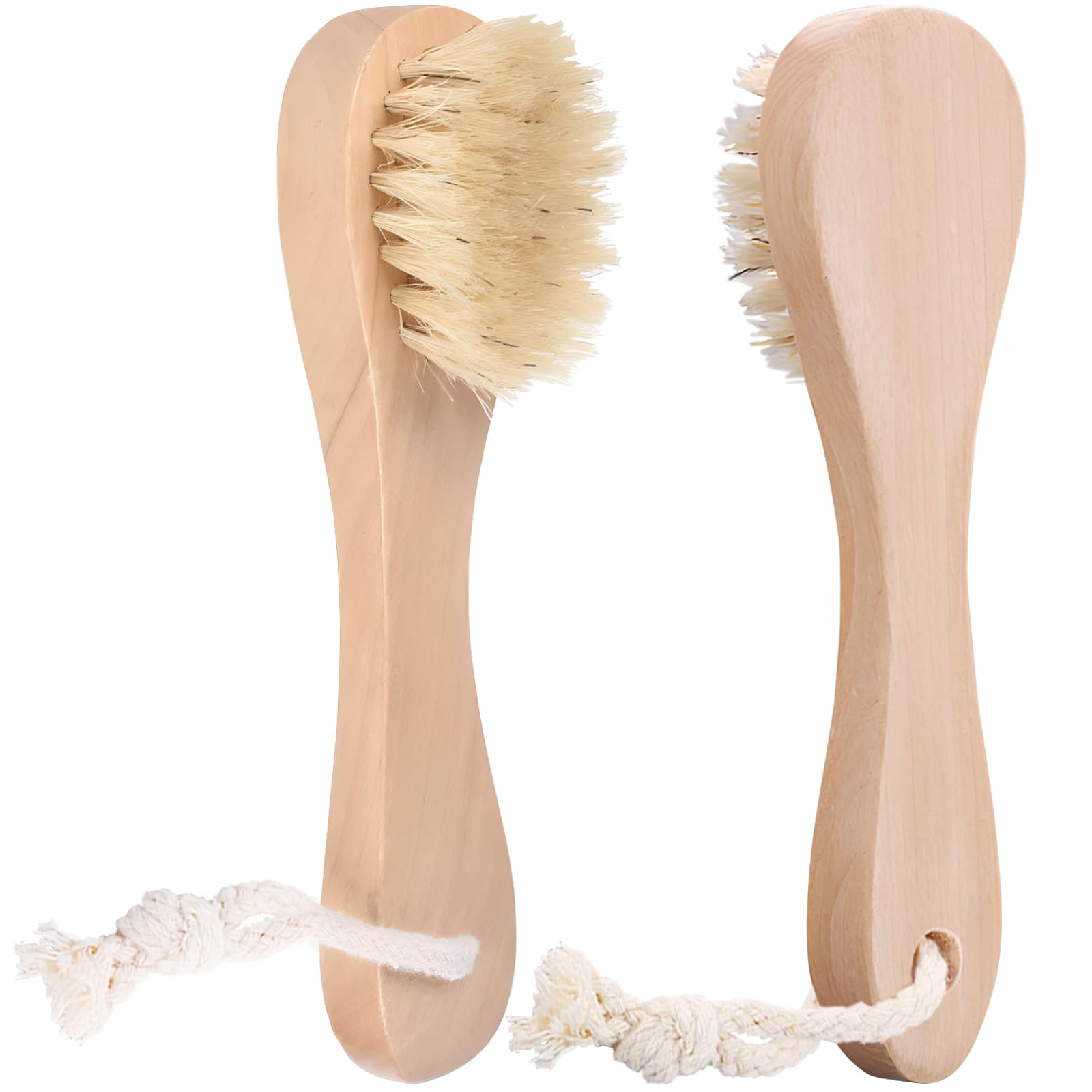 Kootinn 2 Pack Miniature Dry Brush with Hanging Loop - Natural Bristle Small Body Brush for Exfoliating, Facial Cleansing - Soft Skin for Neck, Chest, Nails, and Other Sensitive Areas